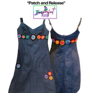 Upcycled denim dress with granny squares
